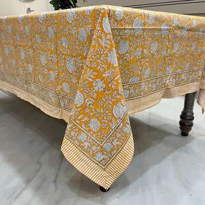 Mantel Estampado a Mano con Diseño Floral Amarillo Sunglow, Verde Lima, Rosa y Verde, Cubierta de Tela Artesanal para Decoración de Mesa Navideña - Product Image 5