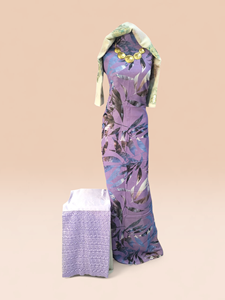 Conjunto de Vestido Swiss Dirac Color Lavanda con Estampado Botánico, Chal Crema y Garbasaar Bordado en Lavanda - Product Image 1