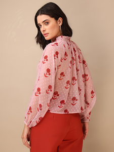 Printed <b>Peach</b> High Neck Full Sleeves Floral Printed Casual WesternWear Top - Product Image 2
