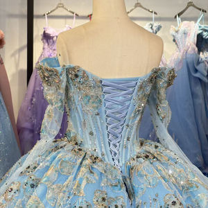 Robe de bal Quinceañera élégante bleu cristal imprimé, antistatique, longueur ras du sol, avec manches en forme de fleur et traîne chapelle, modèle 6974 - Product Image 6