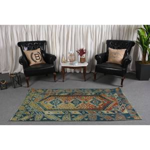 Alfombra de lana turca Vintage de 3,5x6,6 pies de gran tamaño azul naranja diseño de retazos área rectangular grande respaldo de látex alfombra de habitación de 10mm - Product Image 1