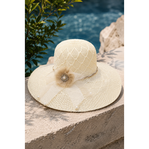 Kids <b>Floppy</b> Straw <b>Hat</b> with Tulle and Flower Details Cream Panama Style Printed Beach Sombrero <b>Hat</b> for Party Accessory - Product Image 1