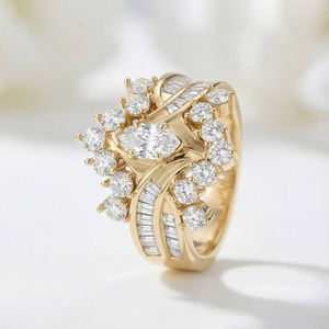 Bague de fiançailles luxueuse en or pur 14 carats avec diamants de laboratoire en forme de marquise et de baguette, ensemble de bague de cocktail pour femme - Product Image 2