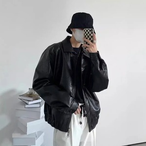 Elegant Vintage Motorcycle Pu Leather <b>Jacket</b> for <b>Men</b> Trendy Style Cropped Leather <b>Jacket</b> Casual Loose Fit Fall <b>Winter</b> <b>Jacket</b> - Product Image 3