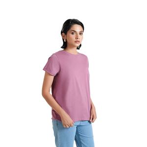 Elegante cuello redondo mangas enrolladas tela de algodón mujeres camiseta ligera verano desgaste señoras camisa con impresión personalizada - Product Image 3