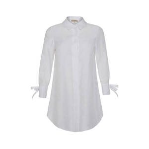 Chemise tunique en lin blanc à œillets et boutons pour femme, style bureau décontracté - Product Image 1