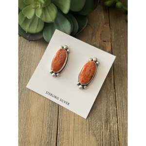 Navajo Made Vintage Apple Coral & <b>Sterling</b> <b>Silver</b> <b>Stud</b> <b>Earrings</b> - Product Image 2