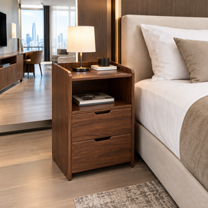 Table de chevet moderne en bois massif avec étagère ouverte et deux tiroirs, en noyer foncé, fabricant et fournisseur de meubles de chambre à coucher - Product Image 6