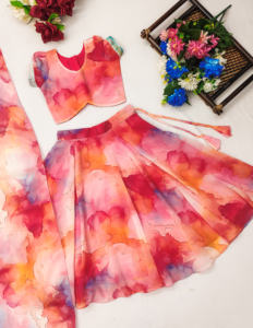 Shoryam Fashion Girls Ethnic Puffed Sleeve Blouse Flared <b>Skirt</b> Set Kids <b>Pink</b> Digital Print Lehenga Choli Indian Party - Product Image 1