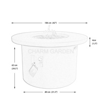 Table de feu extérieure au gaz CHARM GARDEN au design moderne gris, table basse, chauffage de terrasse, certifiée CE US, matériau GRC, 106x106x62cm