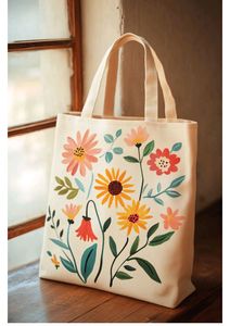 Bolsa de Mano de Algodón Pintada a Mano con Diseño Botánico Pastel, con Arte Floral Dibujado a Mano, Bolsa de Lona Reutilizable Ecológica Blanca - Product Image 2