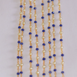 3mm Blue Glass Beads & <b>White</b> Pearl Rosary Chain Gold Plated Brass Wire Wrapped Beaded Chain by the Foot for DIY Jewelry Making - Product Image 3