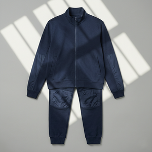 Conjunto Deportivo Personalizado para Hombre, Azul Medianoche, Algodón Grueso Ripstop, Lavado Ácido, Parches Sólidos, Diseño de Rodilla Articulada, Estilo Utilitario - Product Image 1