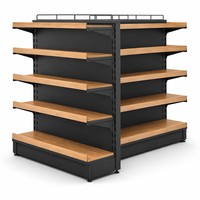 Étagères de supermarché double face en acier et bois, présentoirs et vitrines pour marchandises diverses, design commercial pour toute la surface du magasin
