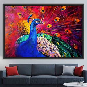 Impression sur toile Paon aux couleurs vives : Décoration murale élégante pour la maison, TOILE ENCADRÉE NOIRE - Product Image 1