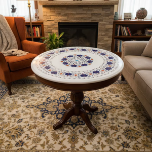 งานฝีมือแบบดั้งเดิม ศิลปะหินอ่อนแบบโบราณ ของตกแต่งห้องรับประทานอาหารสุดหรู ท็อปโต๊ะกาแฟหินอ่อนสีขาว ประดับด้วยหินกึ่งมีค่าลายดอกไม้ - Product Image 2