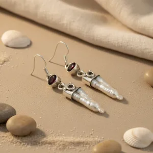 925 Silver Pearl Drop <b>Earrings</b> with <b>Garnet</b> Gemstone Fashion Jewelry for Women - Product Image 3