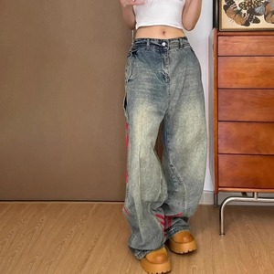 Denim de gran tamaño Nuevos Pantalones vaqueros de pierna recta casuales de moda para mujer con cordón de mezclilla lavada, versátil - Product Image 2