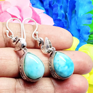 Minimalist Teardrop Larimar Gemstone <b>Earrings</b> Handmade <b>Sterling</b> <b>Silver</b> Dangle Fashion Gift for Her Natural Larimar Stone - Product Image 6