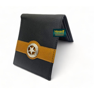 Cartera RFID corta plegable de estilo Retro para hombre de cuero de vaca de alta calidad Concho de estrella decorado en rayas amarillas OEM de fábrica aceptado - Product Image 2