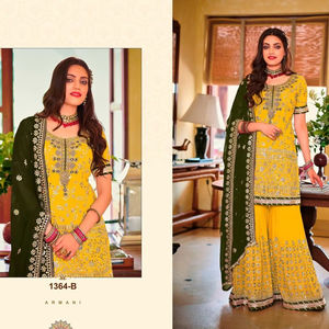 Ensemble ethnique de luxe en chinon lourd avec broderie riche et dentelle intérieure en santoon, longueur genou, coupe classique pour femme, occasions spéciales - Product Image 1