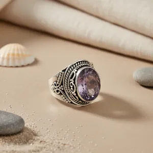 Bague en argent sterling 925 géométrique avec pierre d'améthyste naturelle (sertie en bélière) - Product Image 2