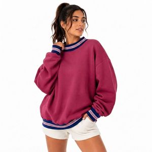 womens magenta pink striped rib mock neck oversized sweatshirt long sleeve cozy fleece <b>pullover</b> <b>jumper</b> top - Product Image 1