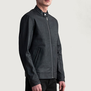 <b>Men's</b> Genuine Leather Moto <b>Jacket</b> Stand Collar Zip Front Slim Fit Regular Length Solid Color Black - Product Image 2