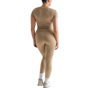 Hot Selling Custom Logo Ribbed Skinny Two Piece Set Women Short Sleeve <b>Crop</b> Top <b>Leggings</b> Tracksuit Outfits 2026 - Product Image 5