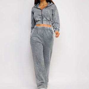 Conjunto Deportivo de 2 Piezas para Mujer, Pantalones Deportivos Cortos y Top, Ropa de Gimnasio, Algodón Lavado con Ácido, con Cremallera - Product Image 3