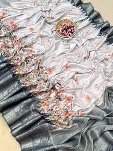 El último Sari de seda Tussar suave con borde estampado en contraste Floral Jal combinación y Rich Zari Woven Pallu Work Woman Fashion - Product Image 4