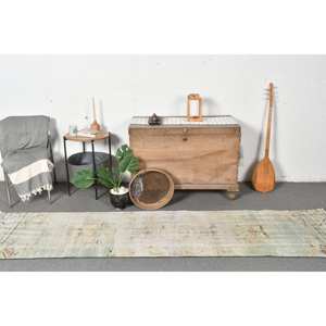 Vintage 23X94 pies verde Beige alfombra turca clásica área grande lana rectángulo abstracto Patchwork patrón látex para uso en el pasillo - Product Image 1