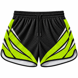 Pantalones Cortos Deportivos Personalizados de Doble Malla con Cintura Media, Negros con Rayas Neón Verde Lima, Sublimados con Cordón Ajustable para Entrenamiento de Equipo y Gimnasio - Product Image 1