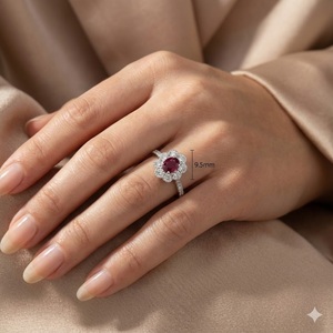 Anillo de compromiso Regal de oro blanco macizo de 18 quilates con rubí ovalado, racimo de flores, halo de diamantes naturales y vástago de haz, con certificado. - Product Image 3