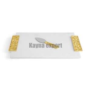 Tablero de mármol Challan de lujo con hermoso diseño de flores, mango dorado, bandeja de regalo corporativa, caja de embalaje personalizada - Product Image 3