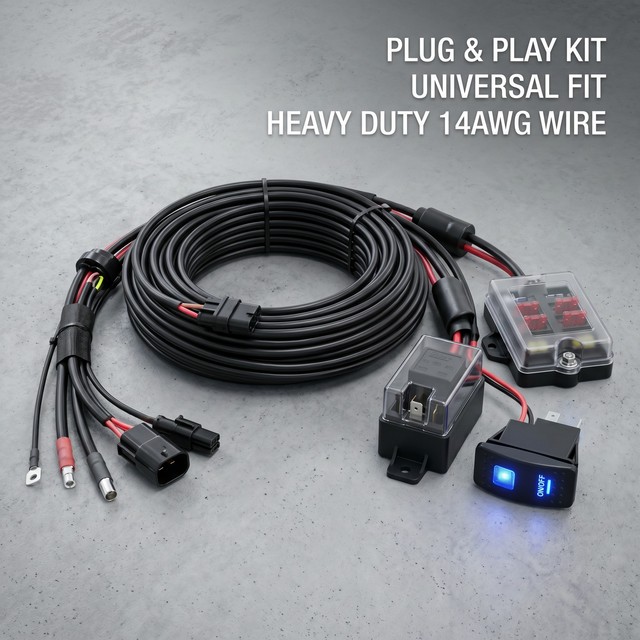 Universal LED Light Bar Wiring Harness Kit, 12V 40A 14AWG Wire Loom with Switch Fuse Relay for Off-Road Jeep Truck Boat