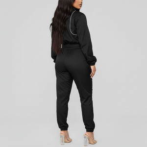 Conjunto de 2 Piezas de Chándal de Encaje Sólido Negro para Mujer, Estilo Vintage Personalizado con Bordado, Ligero, Impermeable, con Cremallera y Cortavientos - Product Image 5