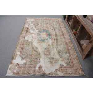 Tapis Turc Vintage 4'9 \ "X 8 'Beige Bleu Fait à la Main Style Boho Laine avec Latex Support Rectangulaire Patchwork Motif pour Chevet - Product Image 1