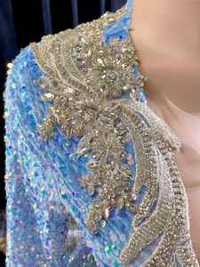 Bleu ciel fait à la main perlé parole longueur sirène robe de soirée strass appliques taille naturelle respirant maille tissu-luxe - Product Image 3