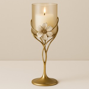 Bougeoir floral doré orné avec verre dépoli votif et base ronde en marbre pièce décorative élégante décoration de mariage - Product Image 6