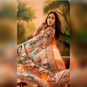 Sari de Lino y Algodón Premium Maldives Mist GG-124, Acuarela Normal con Borla, Aproximadamente, Estilo Blusa, Salidas, Tradicional, Geométrico - Product Image 6