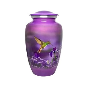 Urna Funeraria de Aluminio Elegante con Diseño de Colibrí y Flores para Adultos, Color Morado. - Product Image 1