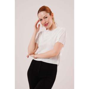 Lustrin Women's Ribbed Short Sleeve Shiny White Blouse - Wholesale Polyester Knit <b>Top</b> for Casual Wear - Product Image 5