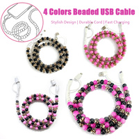 Câble de données USB 4 en 1 élégant à imprimé léopard, décoré de perles, ornement perlé coloré, cordon de charge pour téléphone portable