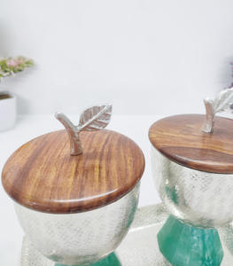 Bol à noix en aluminium martelé nickelé bol à date avec couvercle en bois et base en résine nouveau concept bols de haute qualité de qualité supérieure ensemble/2 - Product Image 4