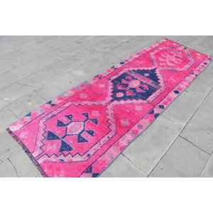 Vintage Rug, 3x8.9 ft <b>Runner</b> Turkish Rug, Herki <b>Red</b> Blue Check Rug - Product Image 3