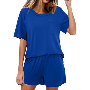 Conjunto de 2 piezas de moda de verano sólido de alta calidad para mujer, Camiseta de algodón transpirable informal, pantalones cortos deportivos hasta la rodilla, opciones personalizables - Product Image 1