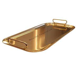 Plateaux de service rectangulaires plaqués or d'acier inoxydable pour des hôtels de restaurant de luxe plateau plateau de service de casse-croûte de nourriture avec des poignées - Product Image 2