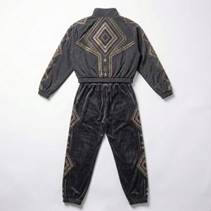 Survêtement Homme en Velours Imprimé Effet Délavé Coupe-Vent 2-en-1 avec Broderie Strass, Veste Épaisse et Pantalon Ample Streetwear - Product Image 3