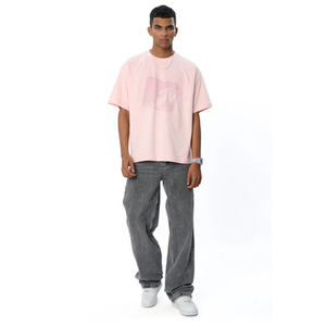 T-Shirt da Uomo in Puro Cotone Rosa Chiaro, Vestibilità Ampia, Stile Vintage, Casual, Streetwear, Morbida e Traspirante per Uso Quotidiano Urbano - Product Image 3